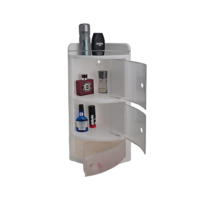 Generic Corner Storage Cabinet 18 cm x 18 cm x 58 cm Plastic Body 2 Doors 1 Open Shelf 1 Drawer  - Image 2