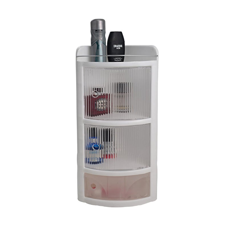 Generic Corner Storage Cabinet 18 cm x 18 cm x 58 cm Plastic Body 2 Doors 1 Open Shelf 1 Drawer  - Image 1