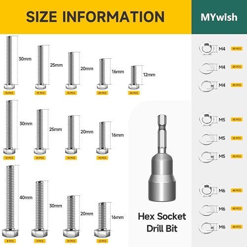 Mywish 719PCS M4 M5 M6 Bolt Screw Set, Metric Bolt Assortment, 304 Stainless Steel, Nuts and Bolts Set Flat & Spring Washers, Hex Head Cap Screws Bolts and Nuts Kit, Fully Thread - Image 2