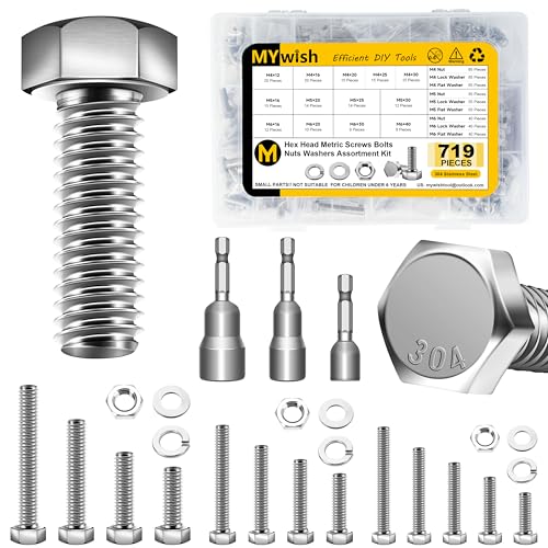 Mywish 719PCS M4 M5 M6 Bolt Screw Set, Metric Bolt Assortment, 304 Stainless Steel, Nuts and Bolts Set Flat & Spring Washers, Hex Head Cap Screws Bolts and Nuts Kit, Fully Thread - Image 1
