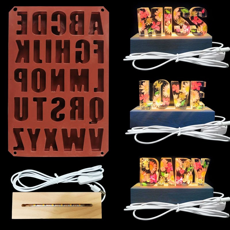 Voaesdk Big Letter Light Resin Molds26 Cavities Alphabet LED Silicone Resina Mould with 1Pcs USB Powered Wooden Lighted Base Stand for DIY Table Crafts Party Wedding Desktop Lamp Home Decor