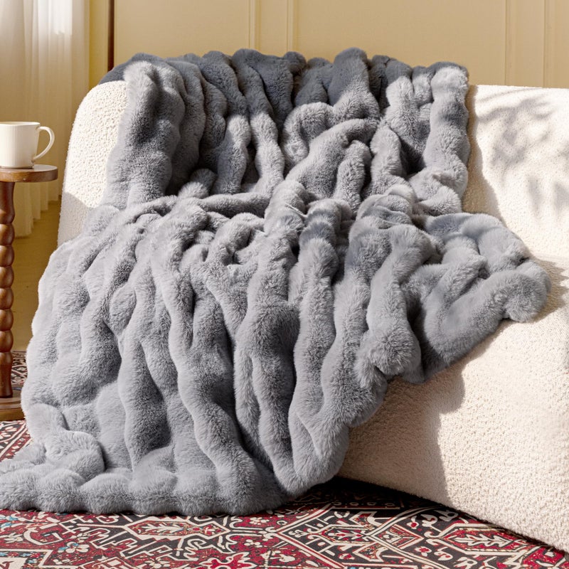 blunique Ultra Soft Cozy Faux Fur Throw Blanket, Fuzzy Plush Thick Bubble Blanket, Oversize Luxury Fluffy Blanket for Couch, Bed, and Living Room, 50x60 Inches, Light Grey - Image 1
