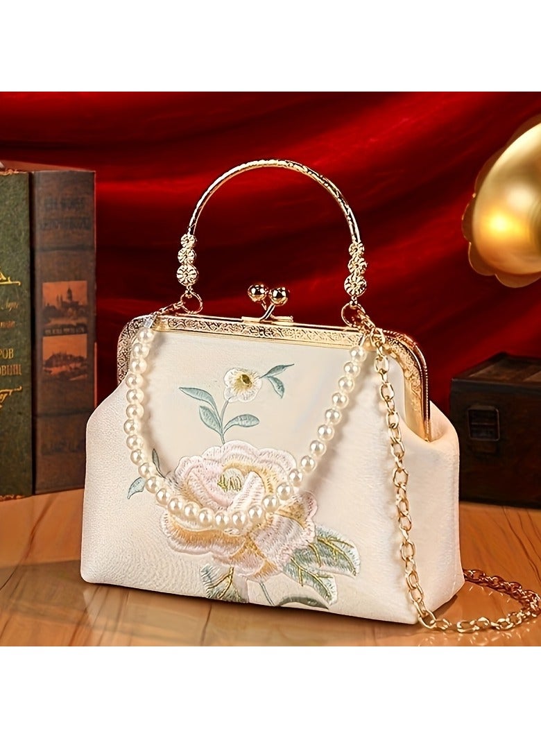 1pc Elegant Floral Embroidery Handbag – Vintage Traditional Chinese Style, Handmade Beaded Bag, Shell-Shaped Top Handle & Shoulder Bag, Stylish Women's Accessory with Buckle Closure, Ideal for Special Occasions, Evening Parties & Bridesmaid Gift, Beige [Chains: Diagonal Shoulder Iron Chain + Short Pearl] - Image 1