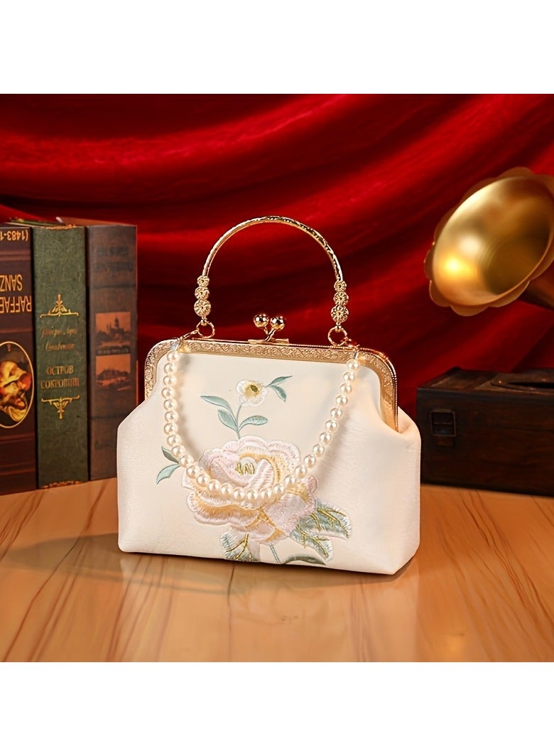 1pc Elegant Floral Embroidery Handbag – Vintage Traditional Chinese Style, Handmade Beaded Bag, Shell-Shaped Top Handle & Shoulder Bag, Stylish Women's Accessory with Buckle Closure, Ideal for Special Occasions, Evening Parties & Bridesmaid Gift, Beige [Chains: Diagonal Shoulder Iron Chain + Short Pearl] - Image 2