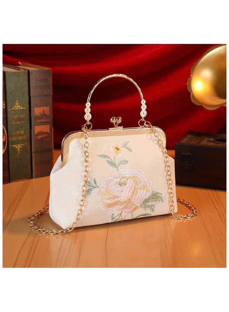 1pc Elegant Floral Embroidery Handbag – Vintage Traditional Chinese Style, Handmade Beaded Bag, Shell-Shaped Top Handle & Shoulder Bag, Stylish Women's Accessory with Buckle Closure, Ideal for Special Occasions, Evening Parties & Bridesmaid Gift, Beige [Chains: Diagonal Shoulder Iron Chain + Short Pearl] - Image 4