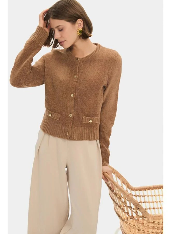 JUNE June Women Gold Button Detailed Soft Textured Knitwear Cardigan Mink
