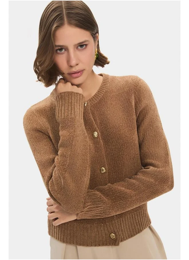 جون June Women Gold Button Detailed Soft Textured Knitwear Cardigan Mink