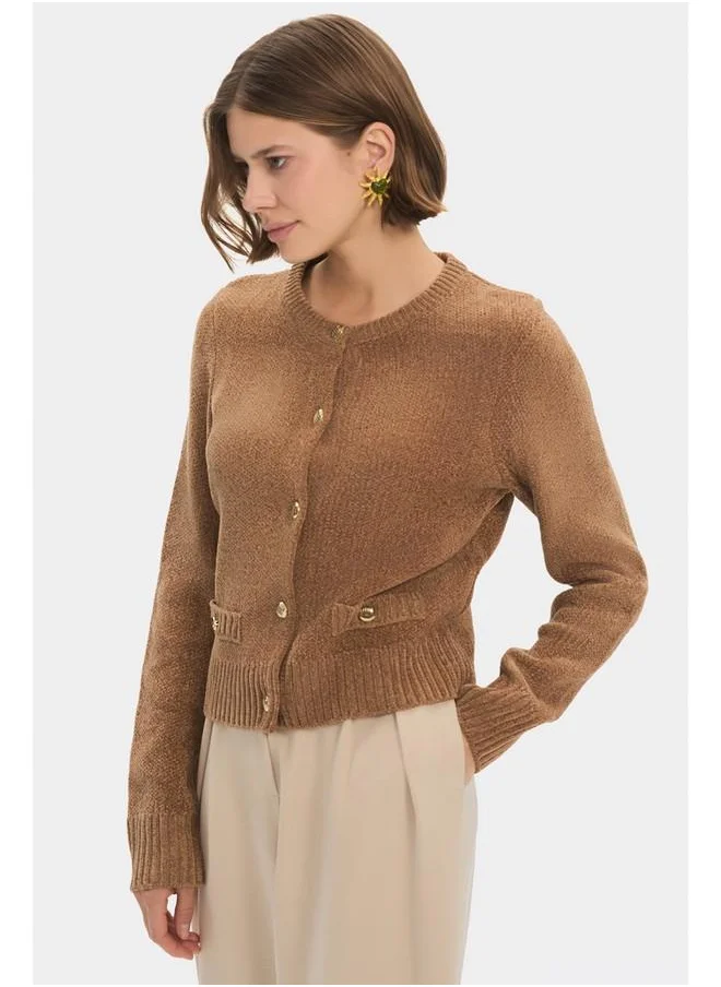 جون June Women Gold Button Detailed Soft Textured Knitwear Cardigan Mink