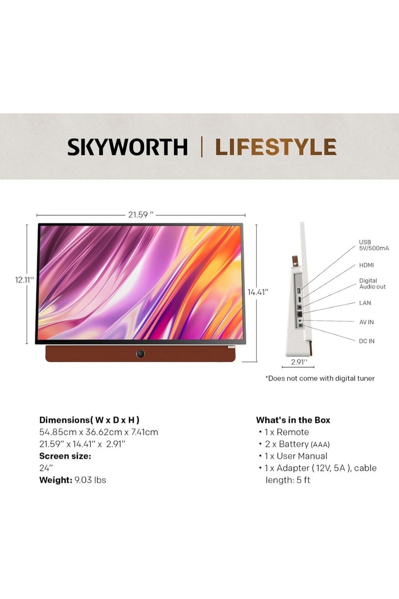 Skyworth 24-Inch Portable Smart Screen , 3-Hour Battery Life 24P100 Companion Series 1080P FHD, Matte Screen, HDR10, Dolby Audio, LED, Bluetooth, Chromecast and Google Assistant - Image 3
