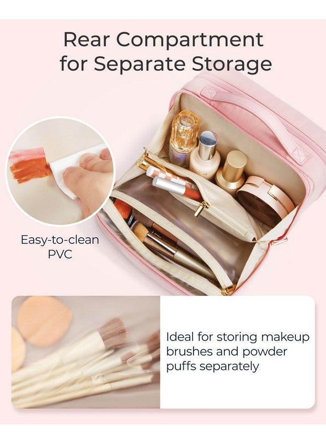 BAGSMART Makeup Bag Travel Large Capacity Cosmetic Bag, Wide-Open Make Up Bag Organizer For Women For Travel Essentials Travel-Size Toiletries Accessories Bottles, Brushes, Light Pink - Image 3