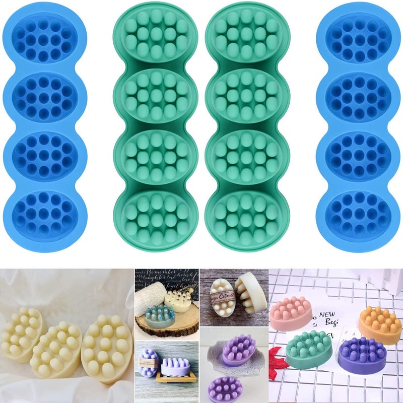 SJ Massage Soap Mold - 2 Pcs, 4 Cavities Silicone Soap Mold for Soap Making, Handmade Hair Brush Shampoo Bar Molds, Food Grade BPA Free(Blue and Green) - Image 1