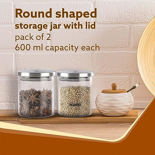 AGARO Elite Borosilicate Glass Jar 600 ml, Round Shaped, Steel Lid, Storage Glass Container, Microwave, Oven & Freezer Safe, Transparent, Kitchen Organiser, Multipurpose Jar, Pack of 2. - Image 2