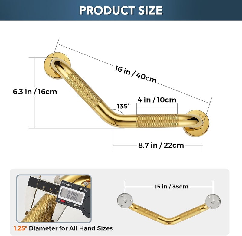 JOY DECOR Grab Bars for Bathtubs and Showers- 1-1/4 x 16 Angled Shower Grab Bar for Seniors Knurled Stainless Steel Handicap Grab Bars for Wall (Gold, 1 Pack) - Image 2