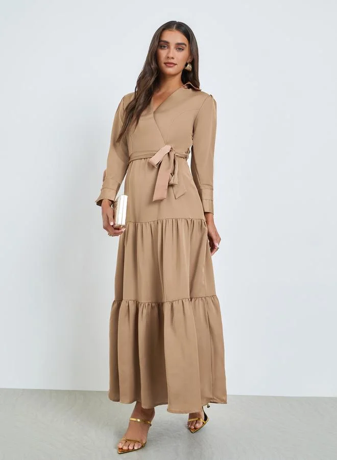 Styli Brown Tiered Maxi Dress with Tie Belt