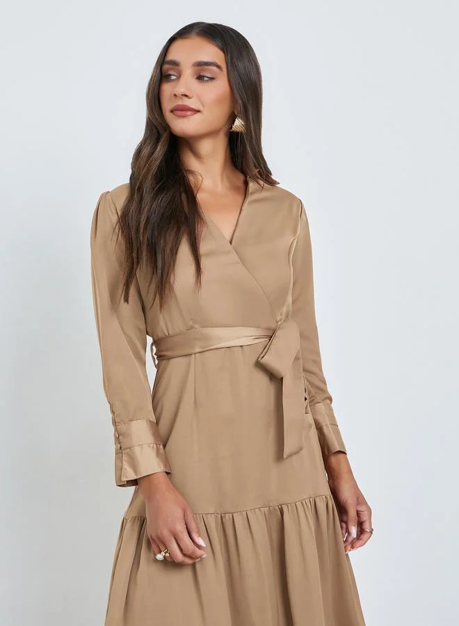 Styli Brown Tiered Maxi Dress with Tie Belt