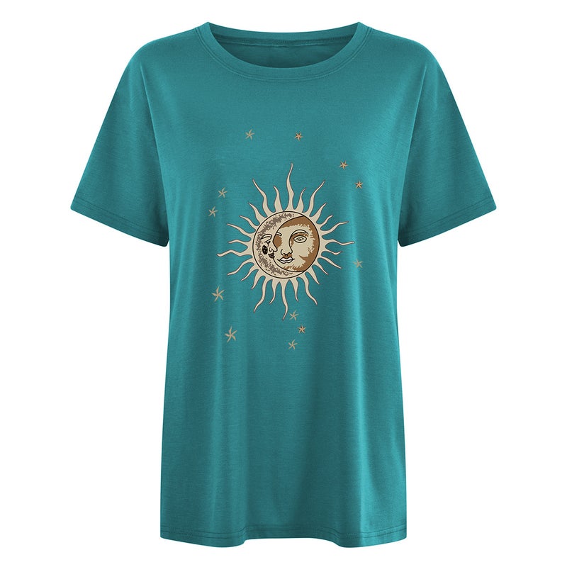 Temu Source Retro Leisure Women'S Top Sun Moon Star Sun Drop Shoulder Short Sleeve T-Shirt - Image 1