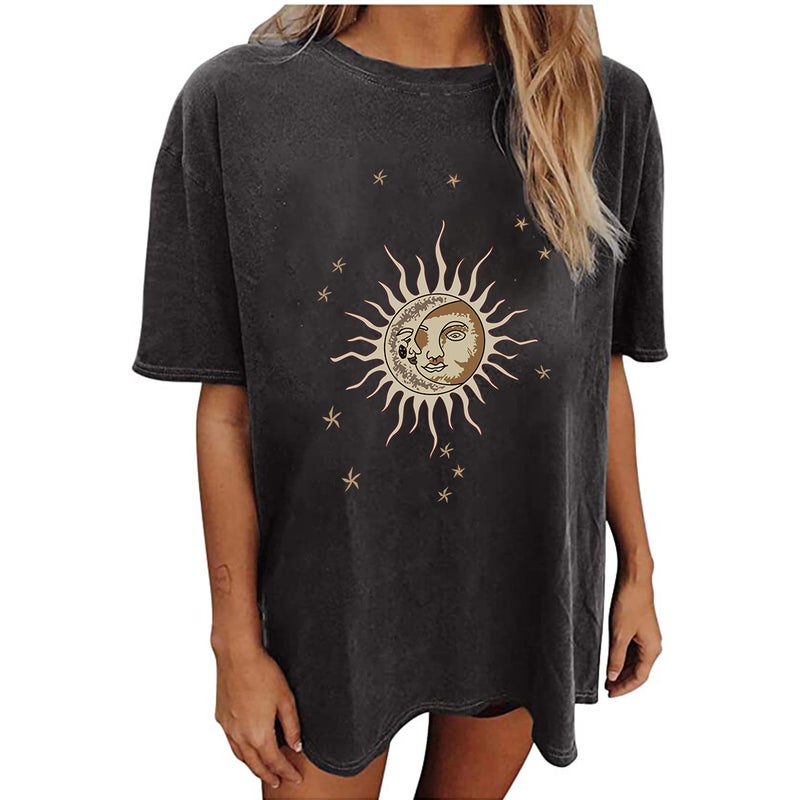 Temu Source Retro Leisure Women'S Top Sun Moon Star Sun Drop Shoulder Short Sleeve T-Shirt - Image 2