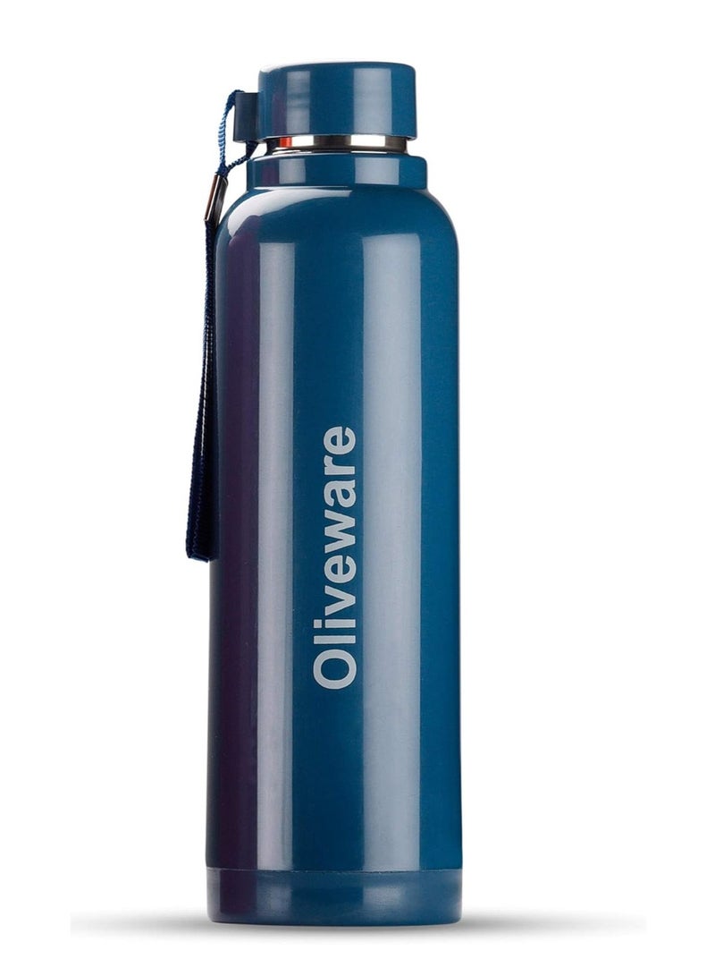 oliveware Aura Insulated Stainless Steel Bottle| Keep Hot & Cold for Long Hours | Fits Bags & Fridge | Strap for Easy Carry - 690ml Blue - Image 1