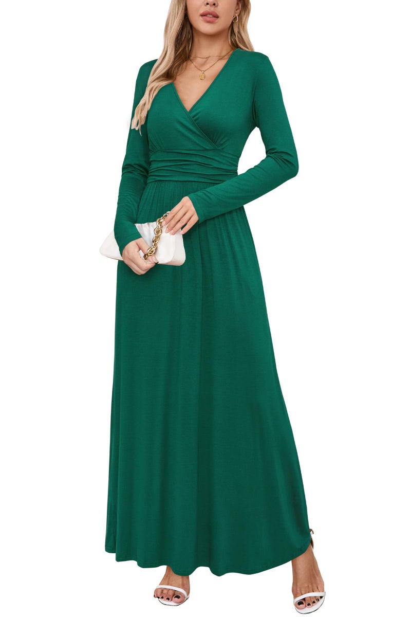 OUGES Womens Long Sleeve Green Dress Christmas Holiday Dresses for Women V-Neck Wrap Waist Maxi Dress(Green,L) - Image 1
