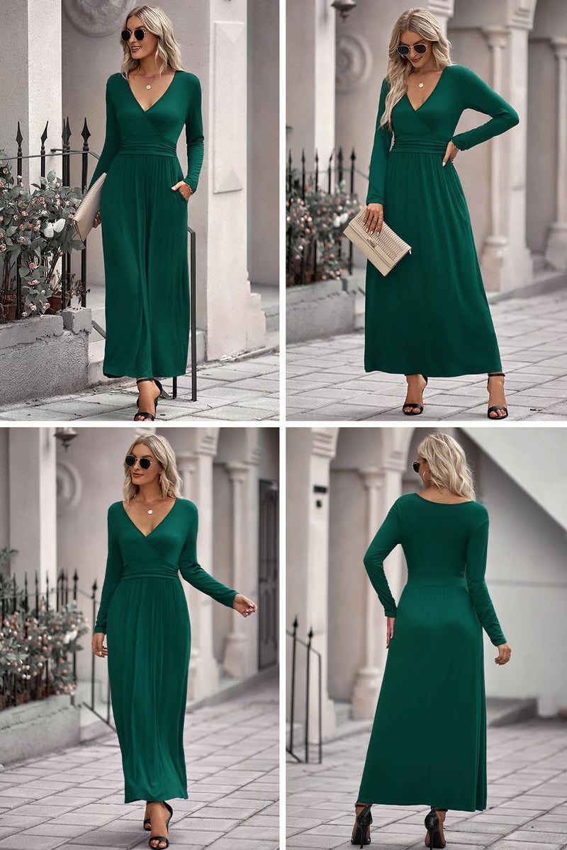 OUGES Womens Long Sleeve Green Dress Christmas Holiday Dresses for Women V-Neck Wrap Waist Maxi Dress(Green,L) - Image 4