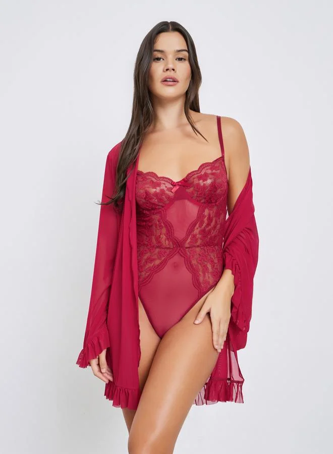 Styli Lace Panel Bodysuit with Robe and Mesh Stockings
