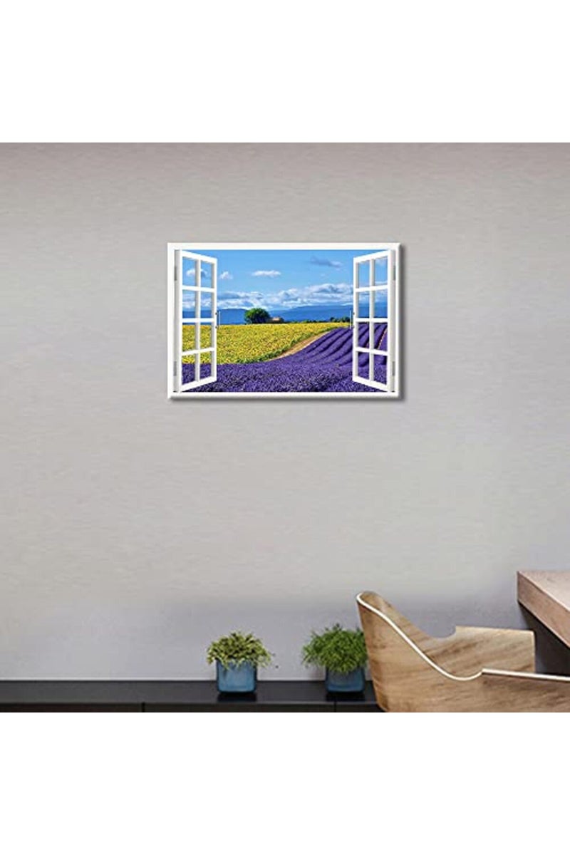 TISHIRON Lavender Flowers View 3D Window Effect Canvas Art Provence Modern Art Rustic Scenic Artwork Canvas Prints for Living Room Bedroom Office Posters Prints Framed Ready to Hang - 24" W x 16" H - Image 3