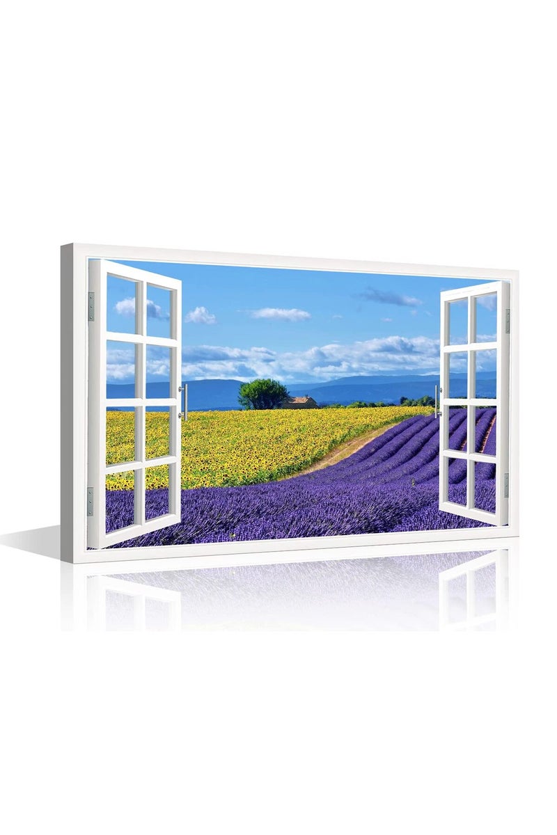 TISHIRON Lavender Flowers View 3D Window Effect Canvas Art Provence Modern Art Rustic Scenic Artwork Canvas Prints for Living Room Bedroom Office Posters Prints Framed Ready to Hang - 24" W x 16" H - Image 1