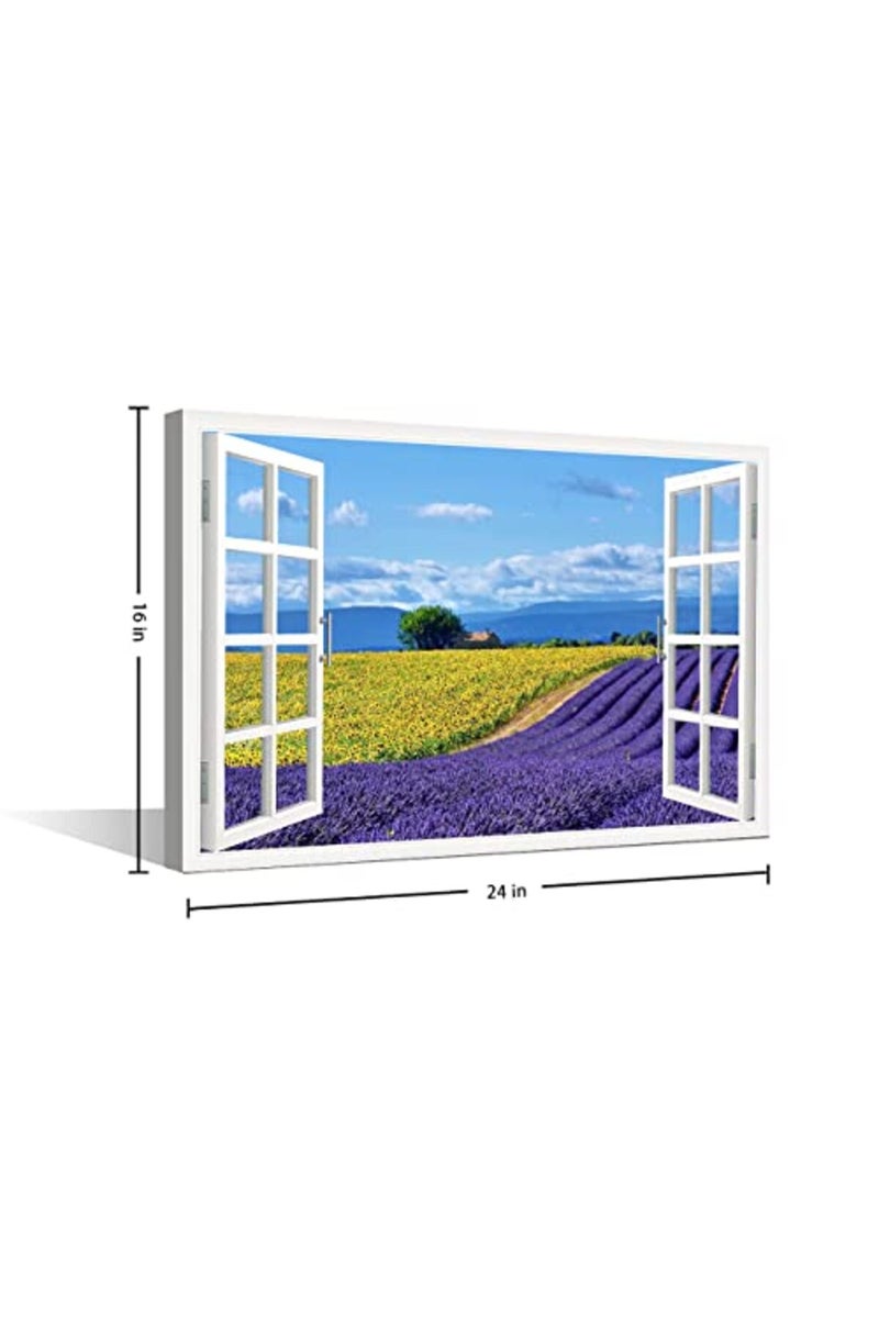 TISHIRON Lavender Flowers View 3D Window Effect Canvas Art Provence Modern Art Rustic Scenic Artwork Canvas Prints for Living Room Bedroom Office Posters Prints Framed Ready to Hang - 24" W x 16" H - Image 4