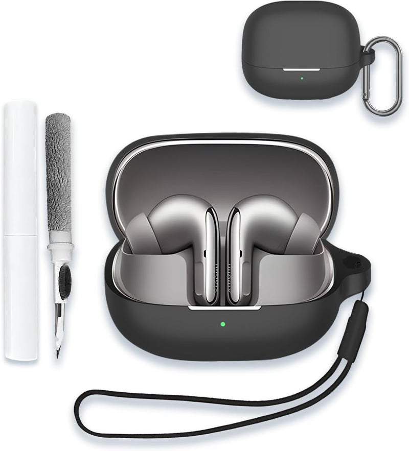 WUNIAK Case for xiaomi Buds 5 pro 2025 New Open-Ear TWS Earbuds, Soft Silicone Protective Portable Scratch Shock Resistant Shell with Cleaner Kit & Carabiner & Lanyard for xiaomi Buds 5 pro，Black - Image 2