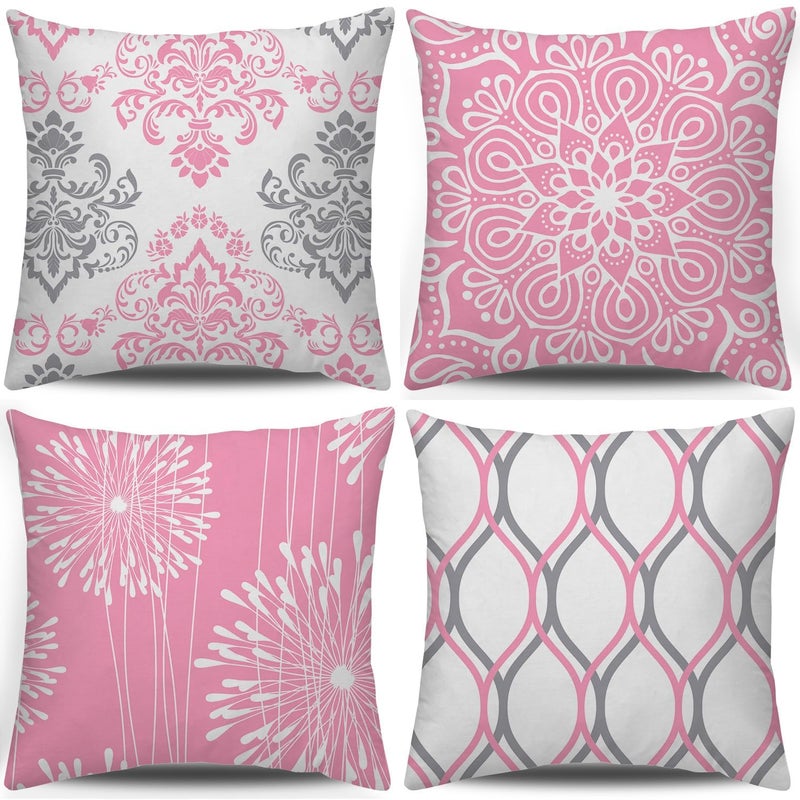 Coliuso Decorative Throw Pillow Covers 18x18 Set of 4, Pink and White Modern Simple Square Pillow Case Cushion Cover for Sofa Couch Farmhouse Living Room - Image 1