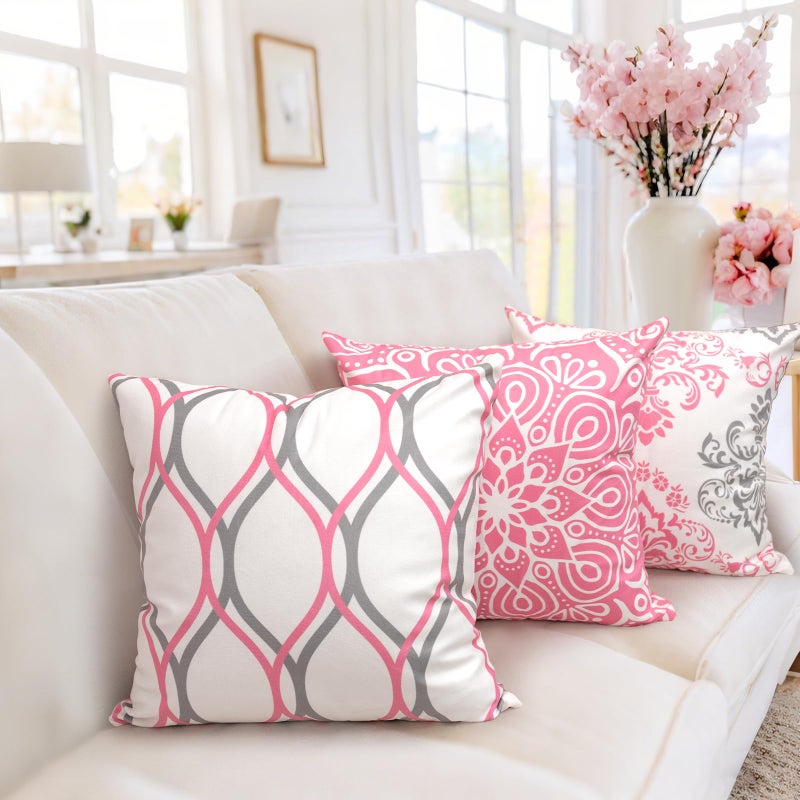 Coliuso Decorative Throw Pillow Covers 18x18 Set of 4, Pink and White Modern Simple Square Pillow Case Cushion Cover for Sofa Couch Farmhouse Living Room - Image 2