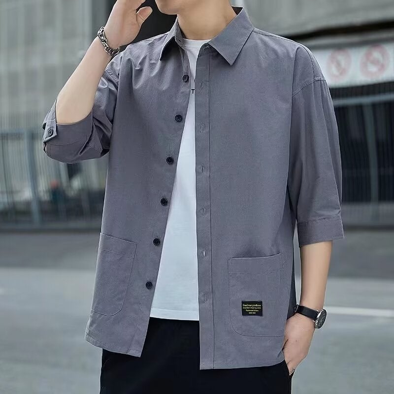 Summer Mens Workwear Casual Shirt Khaki - Image 2