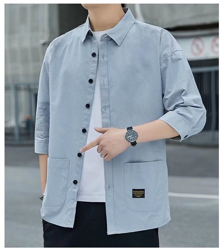 Summer Mens Workwear Casual Shirt Khaki - Image 3