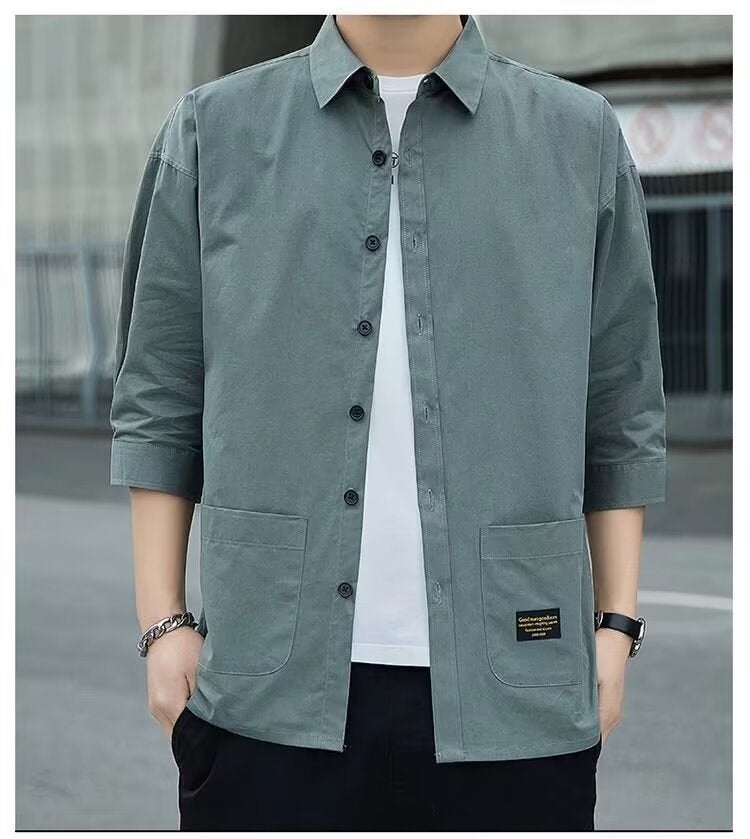 Summer Mens Workwear Casual Shirt Khaki - Image 4