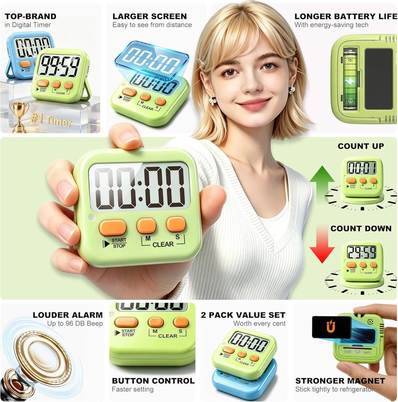 Antonki 2 Pack Digital Timer for Kids, Magnetic Countdown Kitchen Timers for Cooking, Egg, Classroom, Teacher, Exercise, Study, Oven - Battery Included - Image 4