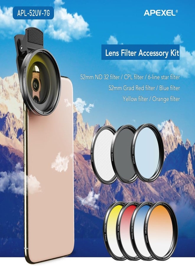 Apexel 52mm Filter Lens Kit (Graduated Filter Lens-Red Orange Yellow Blue, CPL, ND32, Star Lens-6 Point) for Smartphone Camera Canon Nikon Sony Olympus - Image 2
