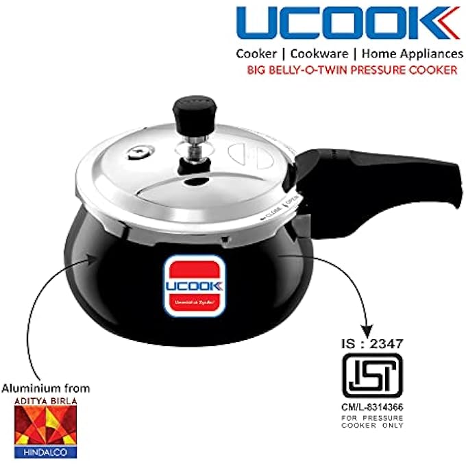 UCOOK By United Ekta Group Big BellyOTwin Hard Anodised Outer Lid Induction Pressure Cooker With Stainless Steel Lid 35 Litre Black - Image 4