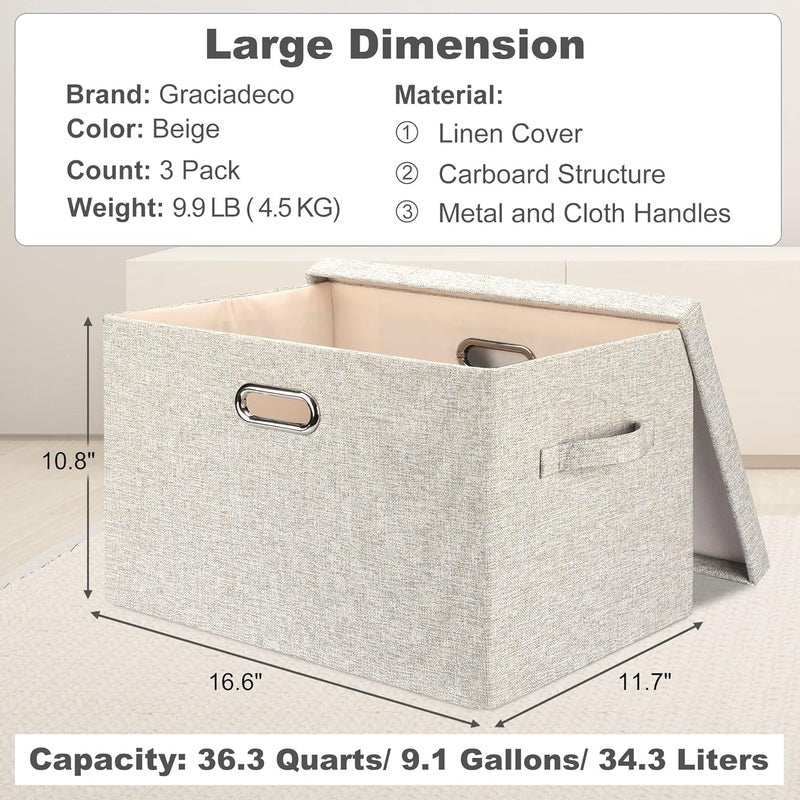 AUFUYAOLIN 3 Packs Collapsible Stackable Storage Bins with Lids, Foldable Fabric Closet Storage Boxes with Lids, Heavy-duty Linen Toy Cube Baskets (Beige) - Image 2