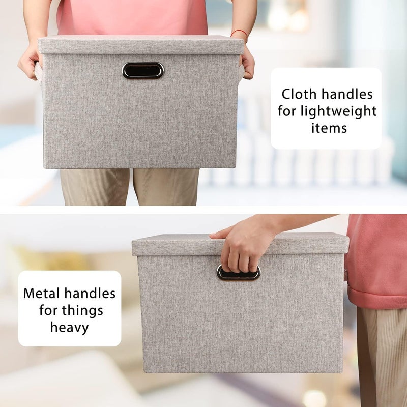 AUFUYAOLIN 3 Packs Collapsible Stackable Storage Bins with Lids, Foldable Fabric Closet Storage Boxes with Lids, Heavy-duty Linen Toy Cube Baskets (Beige) - Image 3