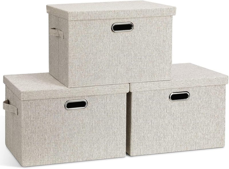 AUFUYAOLIN 3 Packs Collapsible Stackable Storage Bins with Lids, Foldable Fabric Closet Storage Boxes with Lids, Heavy-duty Linen Toy Cube Baskets (Beige) - Image 1