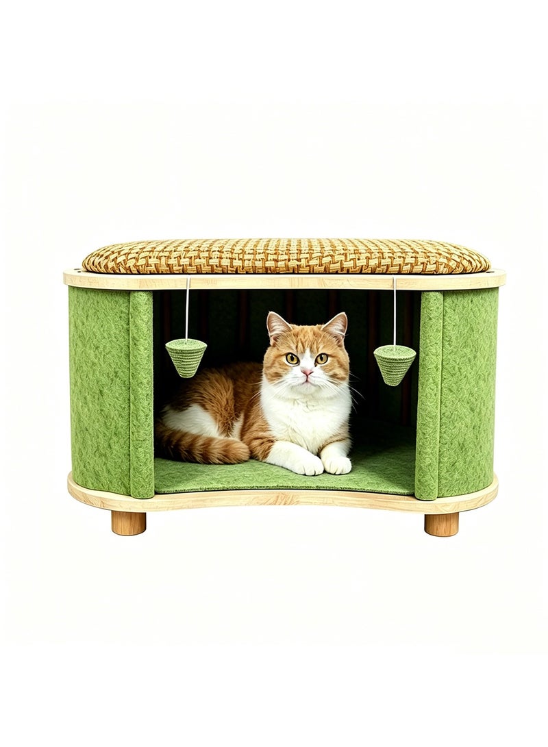 Yolu Wooden Multi-Purpose Cat House, Cat Houses & Condos with Human Seat Stool,Cat Bed for Indoor House with Hanging Scratching Ball, Pet Play House For Home Daily Use - Image 1