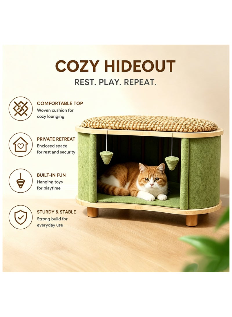 Yolu Wooden Multi-Purpose Cat House, Cat Houses & Condos with Human Seat Stool,Cat Bed for Indoor House with Hanging Scratching Ball, Pet Play House For Home Daily Use - Image 2