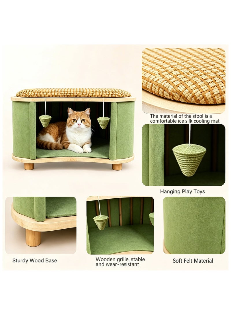 Yolu Wooden Multi-Purpose Cat House, Cat Houses & Condos with Human Seat Stool,Cat Bed for Indoor House with Hanging Scratching Ball, Pet Play House For Home Daily Use - Image 5