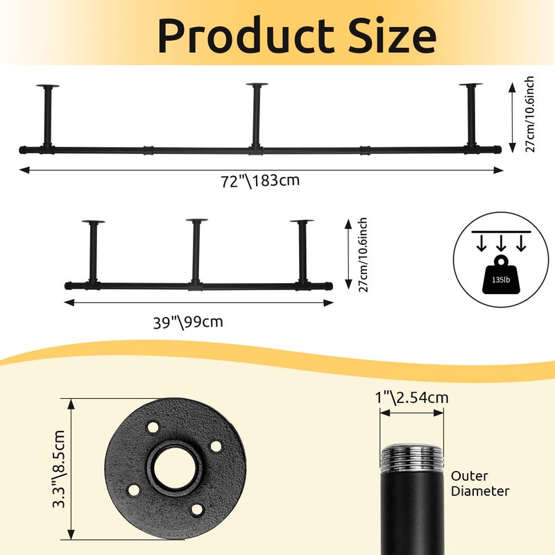 Oroonoko 72inch Industrial Pipe Clothes Garment Rack Ceiling Mount For Hanging Rod Bar for Laundry Room Up to Max Load 135Lb - Image 2