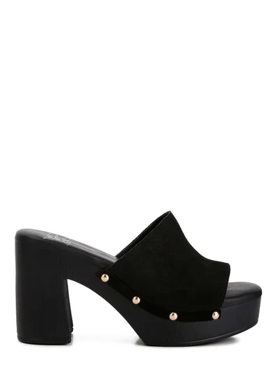 London Rag Suede High Block Heel Clogs in Black