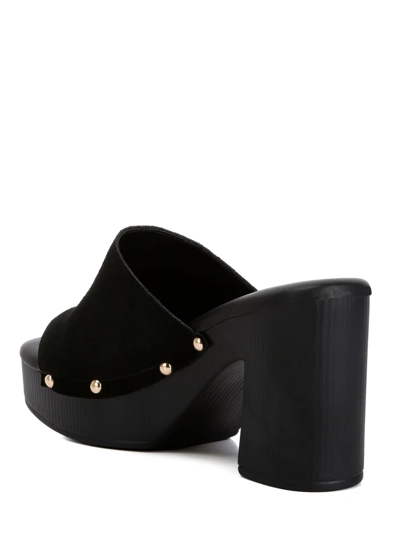 London Rag Suede High Block Heel Clogs in Black