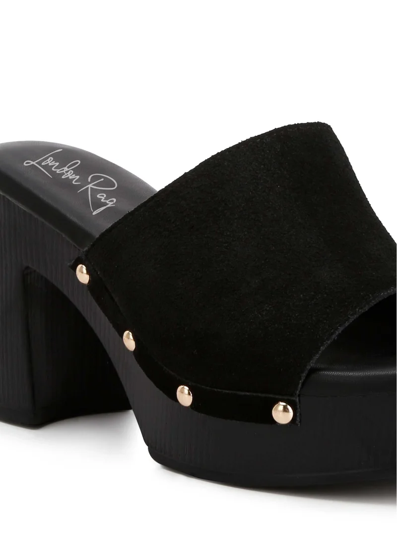 London Rag Suede High Block Heel Clogs in Black