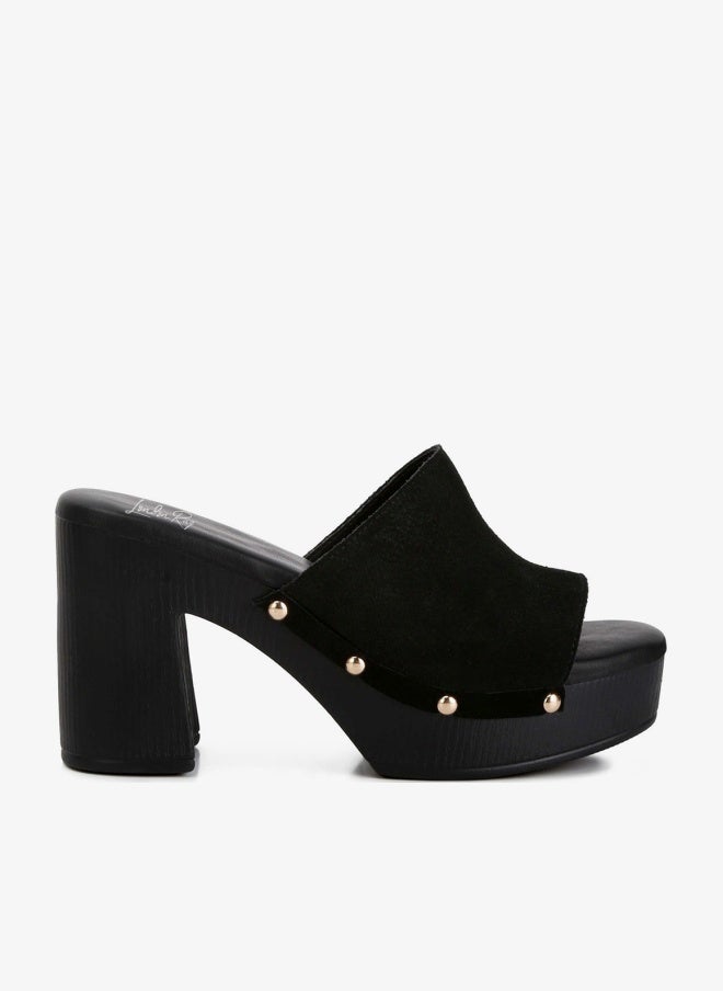 London Rag Suede High Block Heel Clogs in Black - Image 1