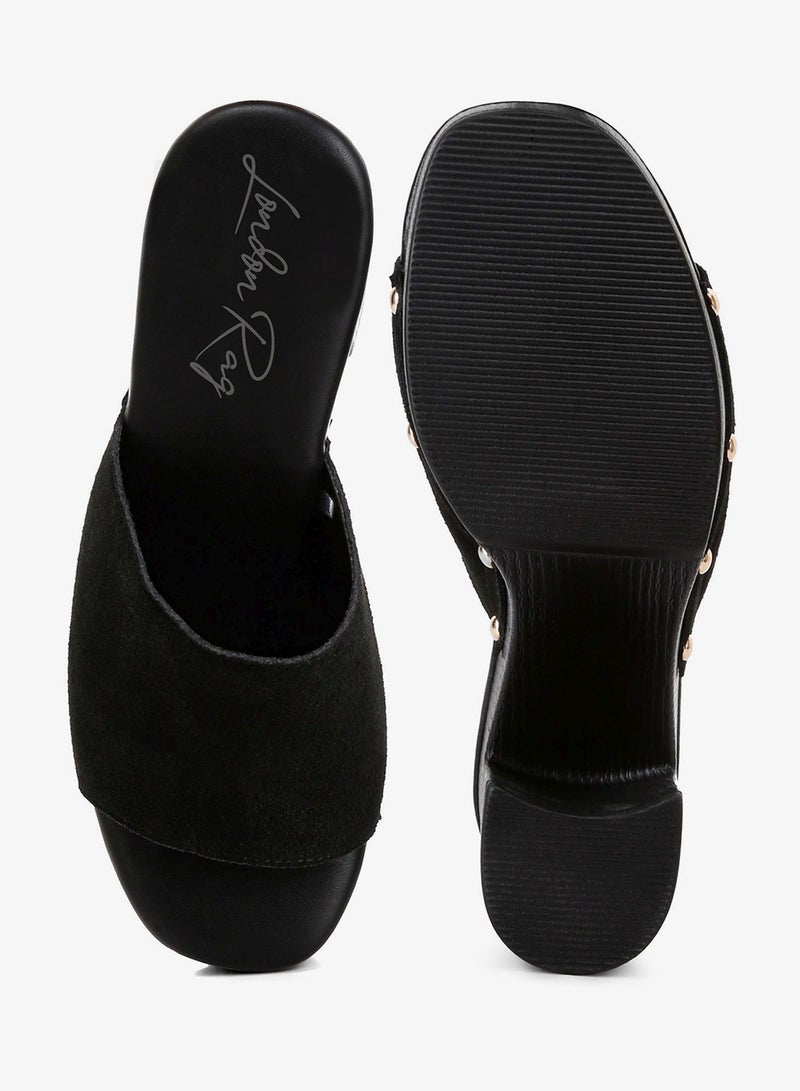 London Rag Suede High Block Heel Clogs in Black - Image 4