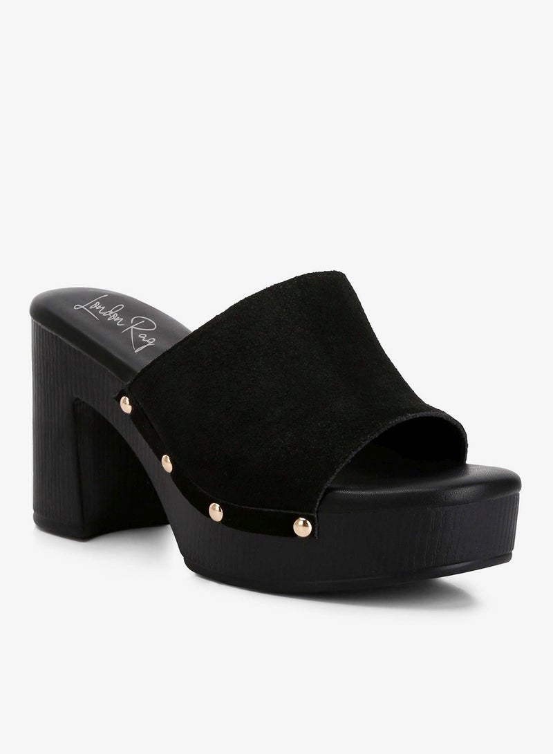 London Rag Suede High Block Heel Clogs in Black - Image 2